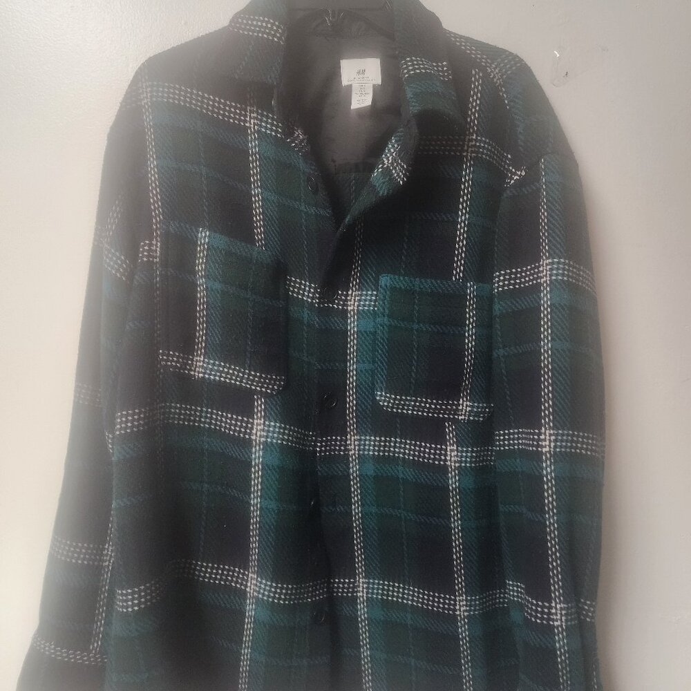 H&M relaxed fit Large Green blue, black shacket Winter Weather Warm Wool Blend